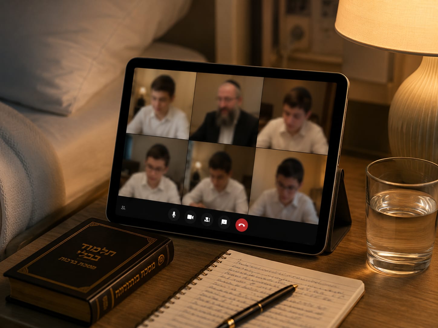 A bochur learning with his chaburah on the Amud Aleph device